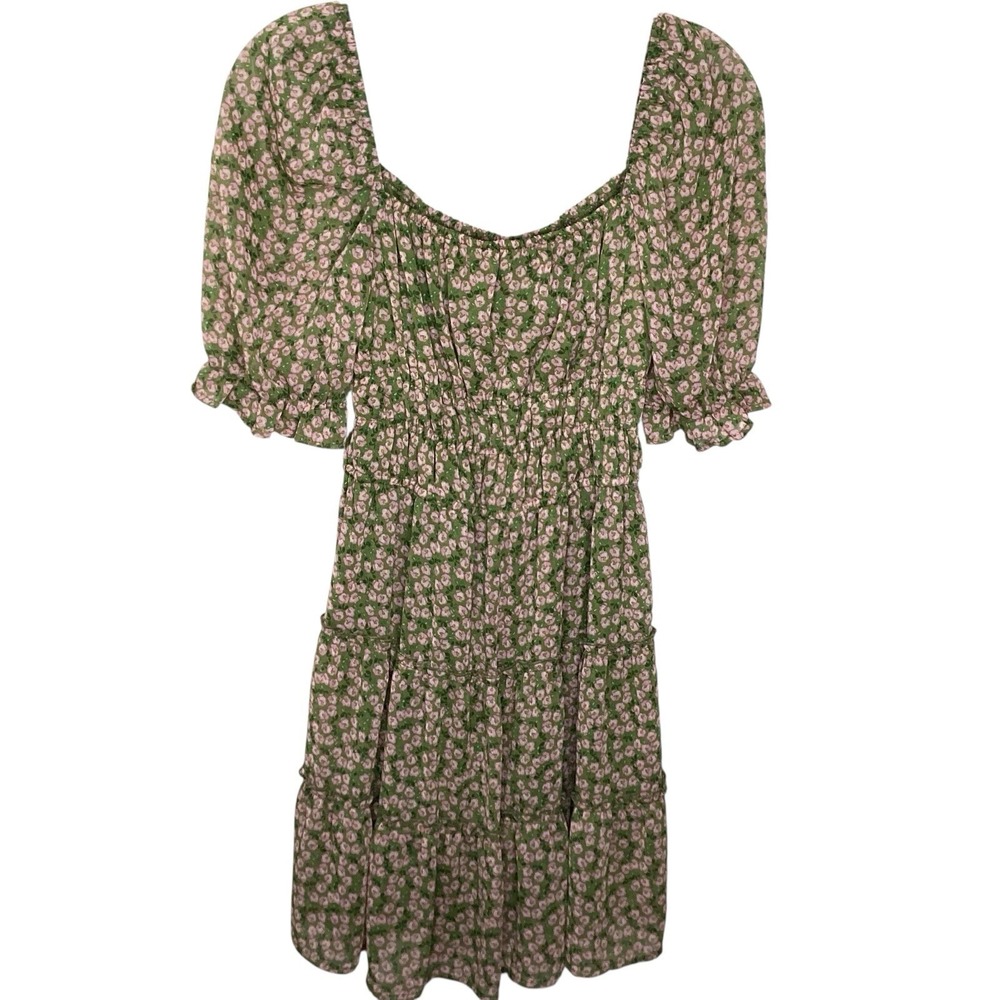 Milkmaid Dress Size S Green Pink Floral Babydoll Y2K Tiered Ruffles Smocking EUC